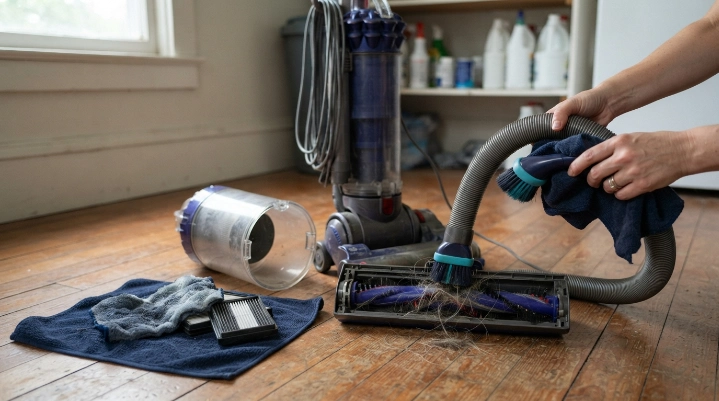 Vacuum bin, filter, hose, and brush roll being cleaned to remove odors.