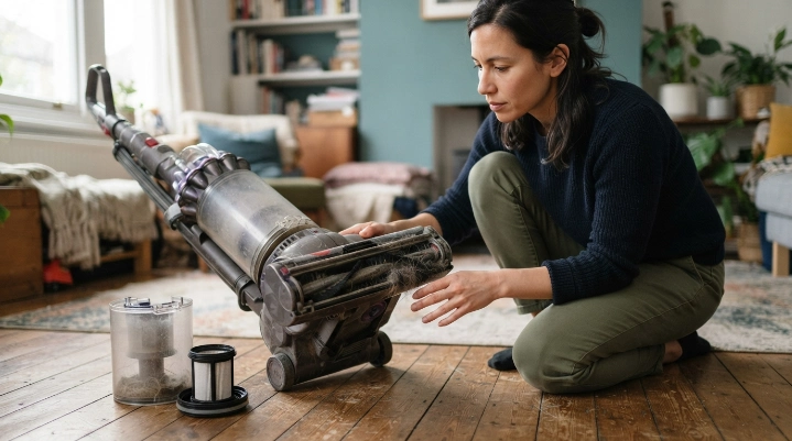 Homeowner inspecting vacuum filter, brush roll, and belt after noticing an unusual odor.