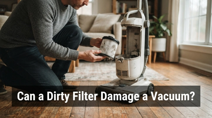 Can a dirty filter damage a vacuum? Homeowner inspecting a dust-loaded vacuum filter.