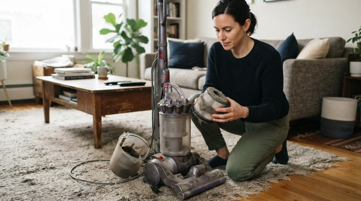 Dust-loaded vacuum filter being inspected after weak suction and overheating symptoms.