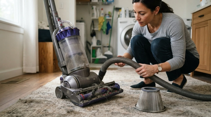 Homeowner checking dirty filter, full bin, blocked hose, and tangled vacuum brush roll.