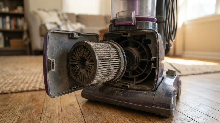 Dust-packed vacuum filter restricting airflow near the motor and contributing to overheating