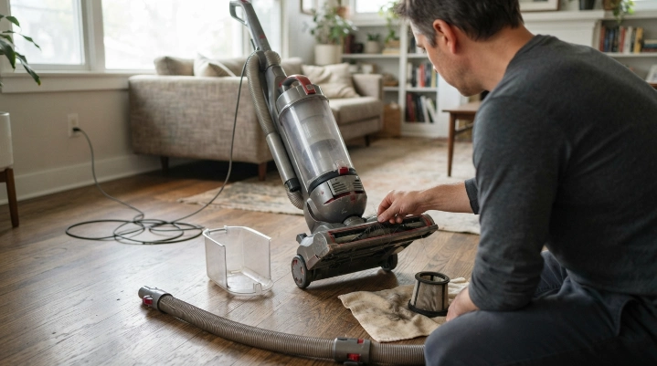 Homeowner inspecting unplugged vacuum filter, hose and brush roll after overheating