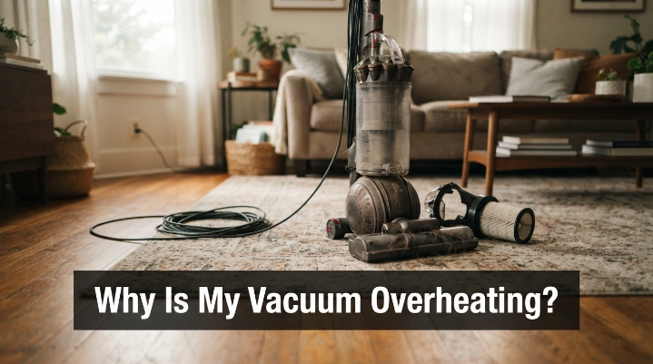 Upright vacuum overheating in a living room with filter, dust bin, and brush area visible