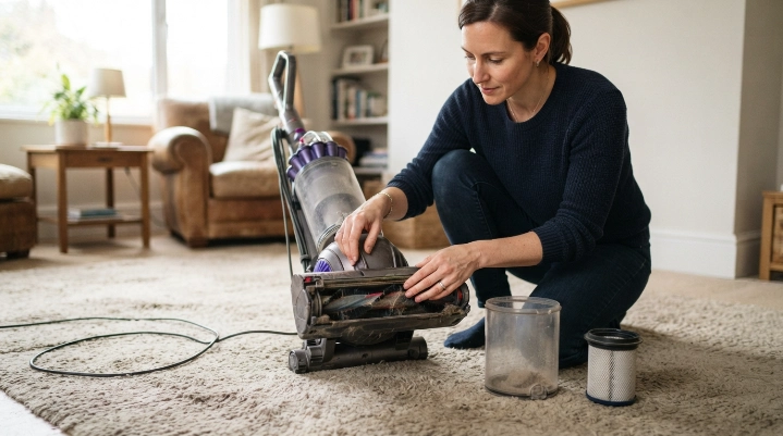 Homeowner inspecting an unplugged overheated vacuum, dust bin, filter, hose, and brush roll