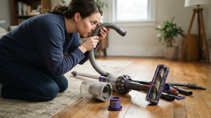 Homeowner checking vacuum hose, filter, bin, and brush roll to diagnose overheating
