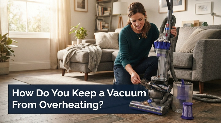 Homeowner maintaining a vacuum to prevent overheating by checking its filter, bin, hose, and brush roll