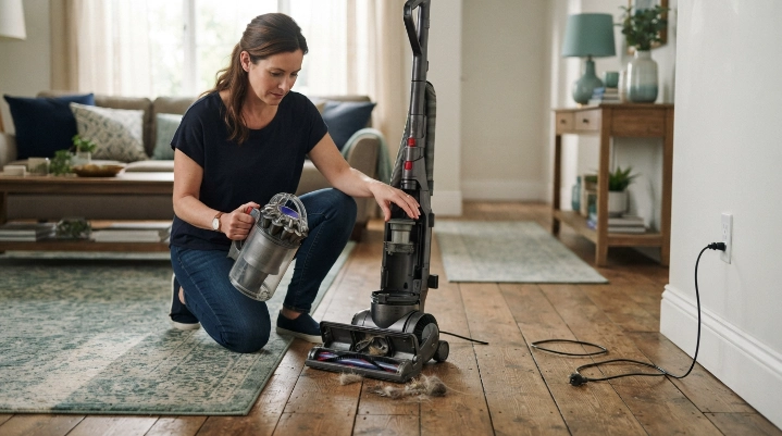Unplugged hot vacuum cooling while homeowner checks the bin, filter, hose, wand, and brush roll