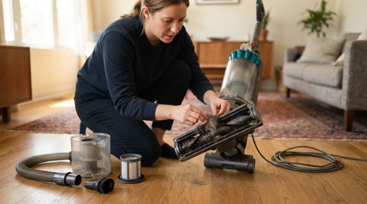 Homeowner clearing hair from a vacuum brush roll beside filter, dustbin and hose