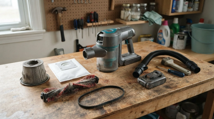 Vacuum filter, bag, brush roll, belt, hose and battery arranged for repair or replacement
