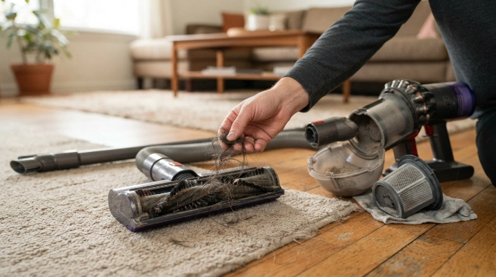Vacuum brush roll tangled with hair beside a dirty filter, bin, and hose during maintenance