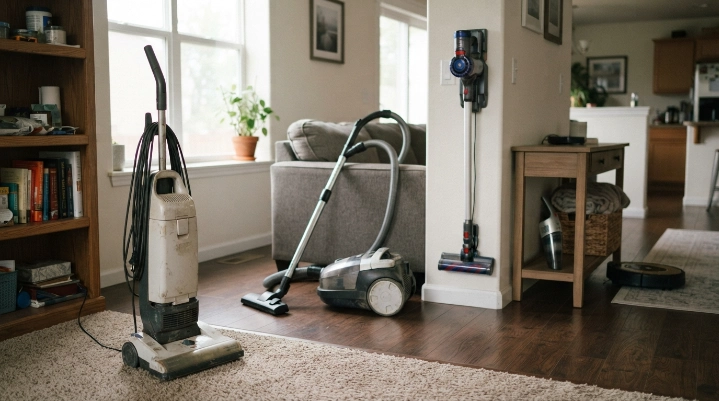 Upright, canister, cordless, robot, and handheld vacuums shown together in a realistic home