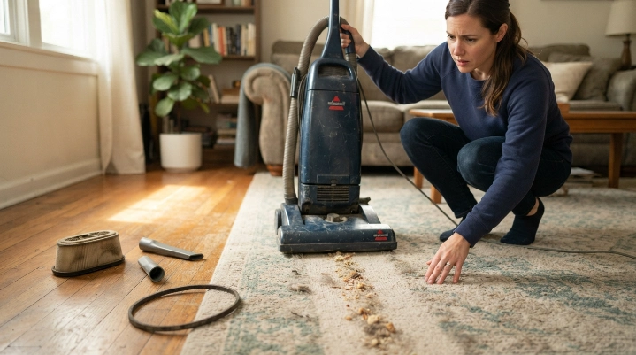 Old vacuum leaving debris after maintenance, showing how to know when to replace a vacuum.