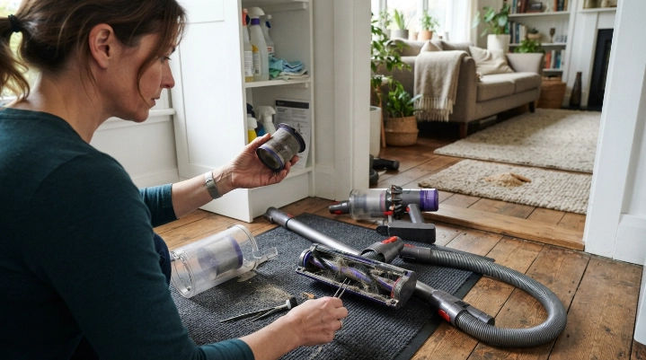 Homeowner checking filters, hose and brush roll before deciding when to replace a vacuum.