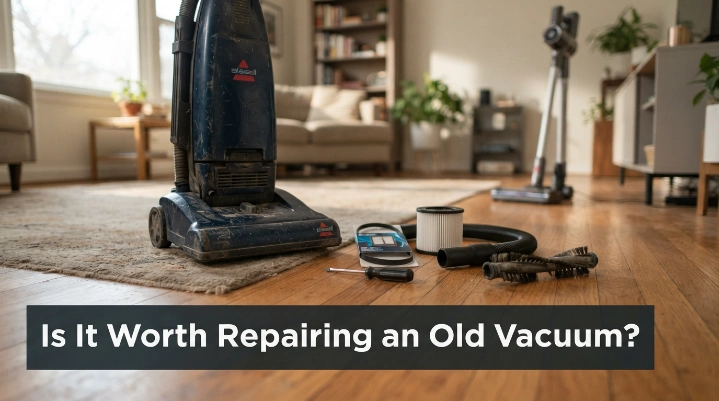 Old vacuum with belt, filter, hose and brush roll ready for common repairs.