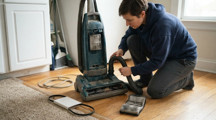 Old vacuum with belt, filter, hose and brush roll ready for common repairs.