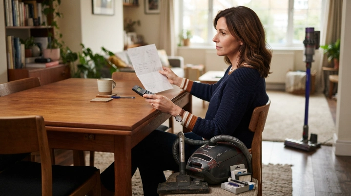 Homeowner comparing old vacuum repair costs with the price of a replacement vacuum.