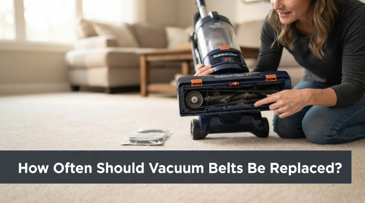 Homeowner inspecting a vacuum belt to learn how often vacuum belts should be replaced