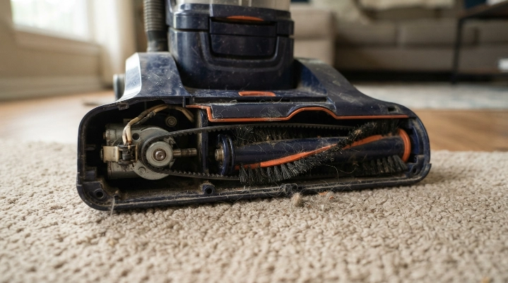 Vacuum belt connecting the motor shaft and brush roll inside a belt-driven upright vacuum