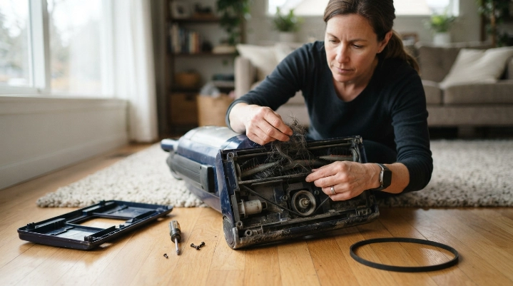 Homeowner inspecting a vacuum belt and clearing hair from the brush roll