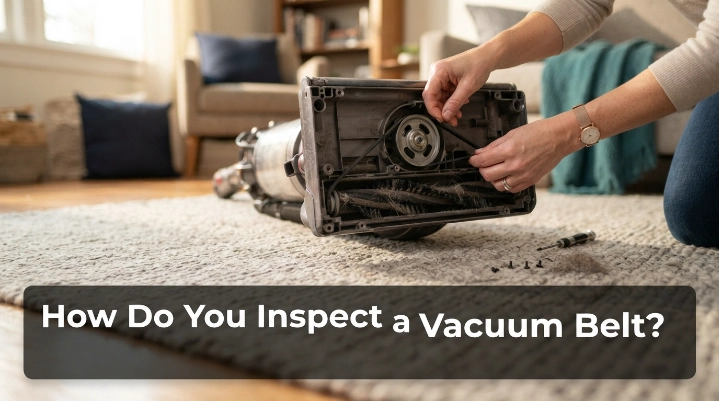 Hands inspecting a vacuum belt, brush roll, belt seating, and cleaner-head components.