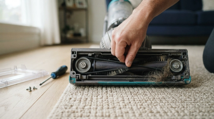 Hands inspecting a vacuum belt, brush roll, belt seating, and cleaner-head components.