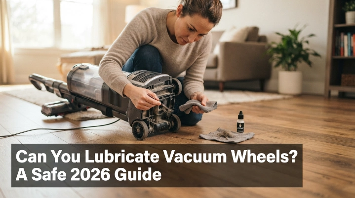 Can you lubricate vacuum wheels? Hair and grit wrapped around a squeaky vacuum wheel axle.