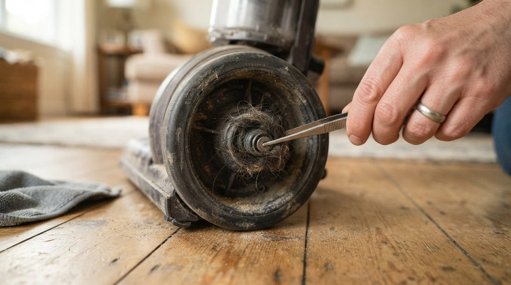 Can you lubricate vacuum wheels? Hair and grit wrapped around a squeaky vacuum wheel axle.