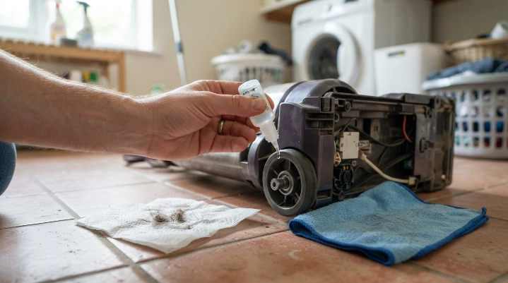 Safe vacuum wheel lubrication using a tiny drop on a clean, accessible axle.