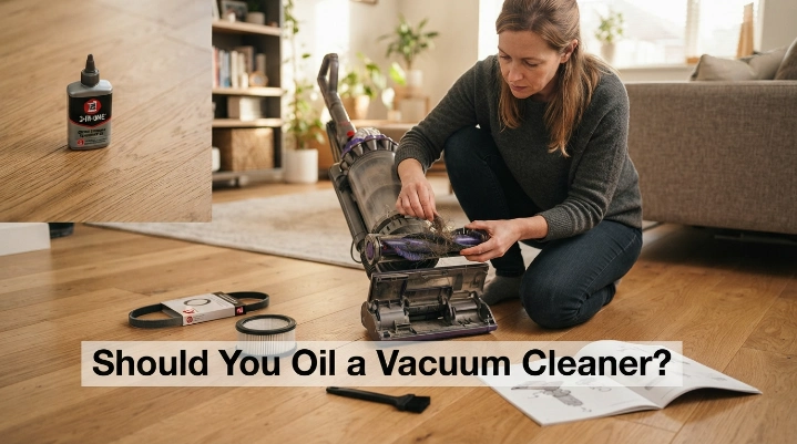 Dry vacuum belt, filter, brush roll and motor vents being inspected without lubricant