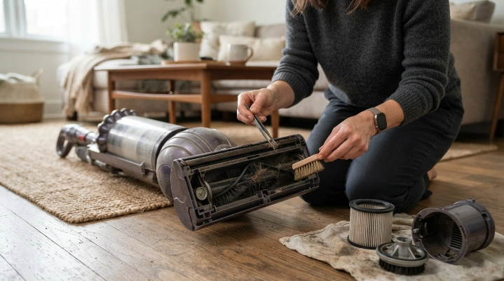 Dry vacuum belt, filter, brush roll and motor vents being inspected without lubricant