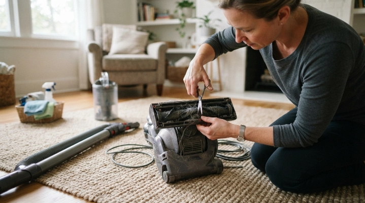 Homeowner removing hair from a squeaking vacuum brush roll while inspecting the belt and airflow