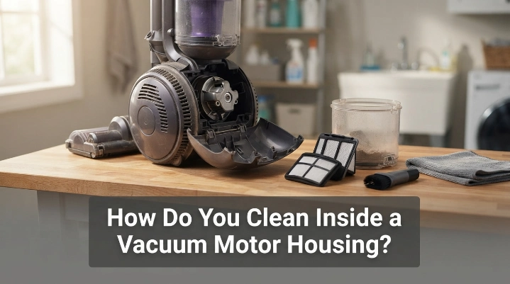 How do you clean inside a vacuum motor housing using a dry brush and microfiber cloth?