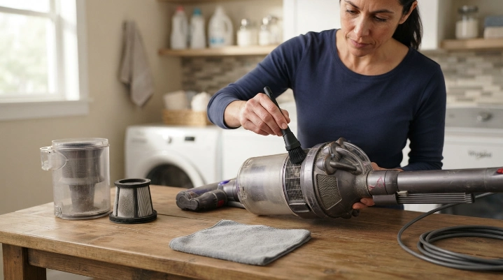 How do you clean inside a vacuum motor housing with a soft brush after unplugging the vacuum?