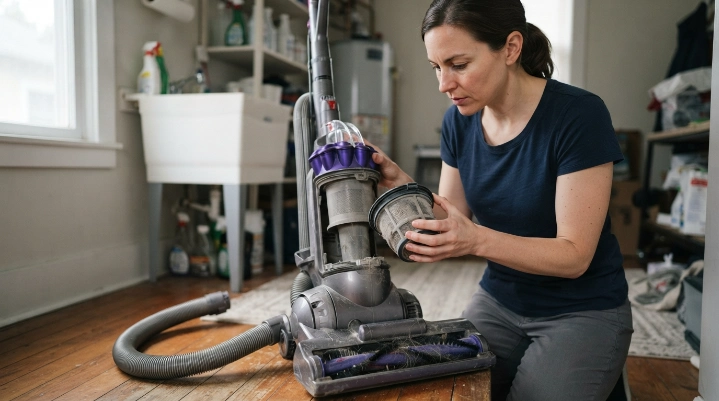 Vacuum inspection showing dusty filter, hose, brush roll, and exhaust during motor problem diagnosis.