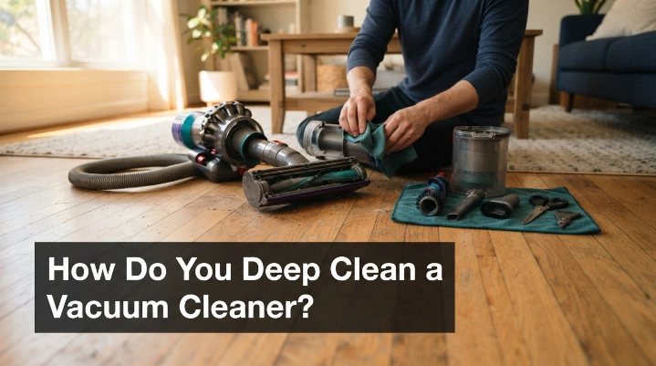 Homeowner deep cleaning vacuum brush roll, dust bin, hose, attachments, and exterior surfaces