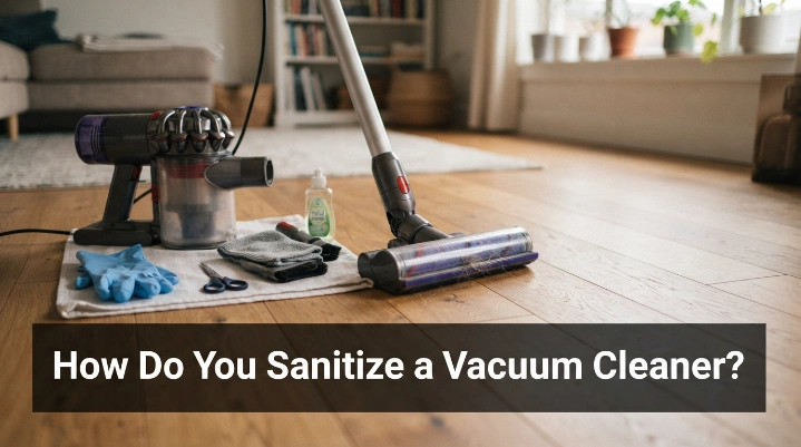 Microfiber cloths, brush, soap, gloves and scissors arranged beside an unplugged vacuum cleaner.