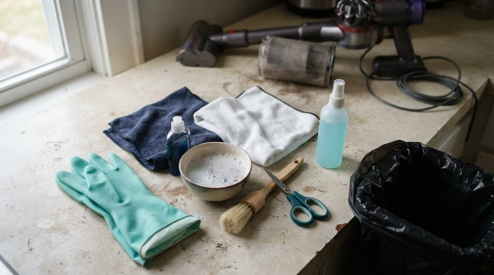 Microfiber cloths, brush, soap, gloves and scissors arranged beside an unplugged vacuum cleaner.