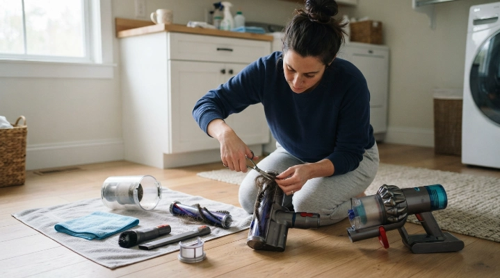 Homeowner removing hair from an unplugged vacuum while cleaned parts dry on a towel.