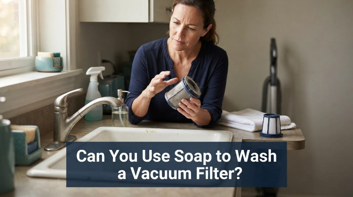 Homeowner comparing washable foam and pleated vacuum filters before cleaning