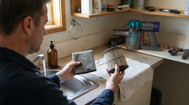 Homeowner comparing washable foam and pleated vacuum filters before cleaning