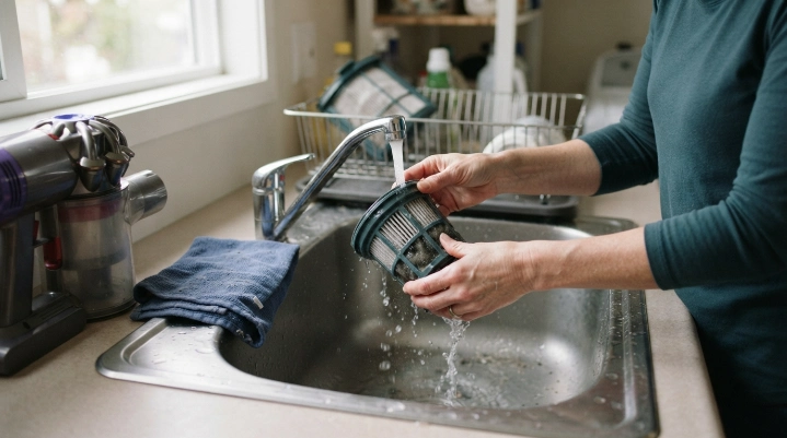 Washable vacuum filter rinsed under running water without soap before air-drying