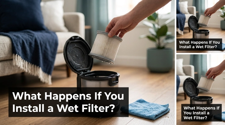 What happens if you install a wet filter? Damp vacuum pleats shown with stuck dust and lint.