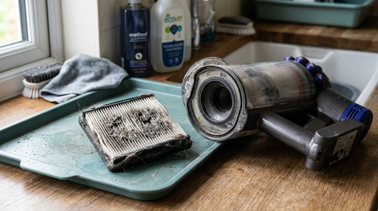 What happens if you install a wet filter? Damp vacuum pleats shown with stuck dust and lint.