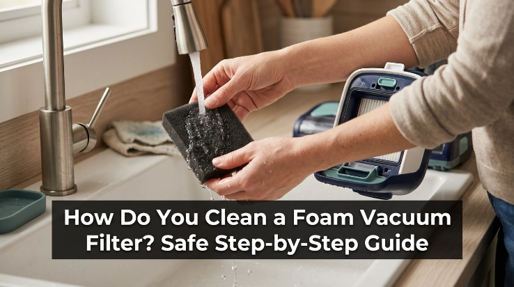Hands gently rinsing a washable foam vacuum filter before complete air-drying.