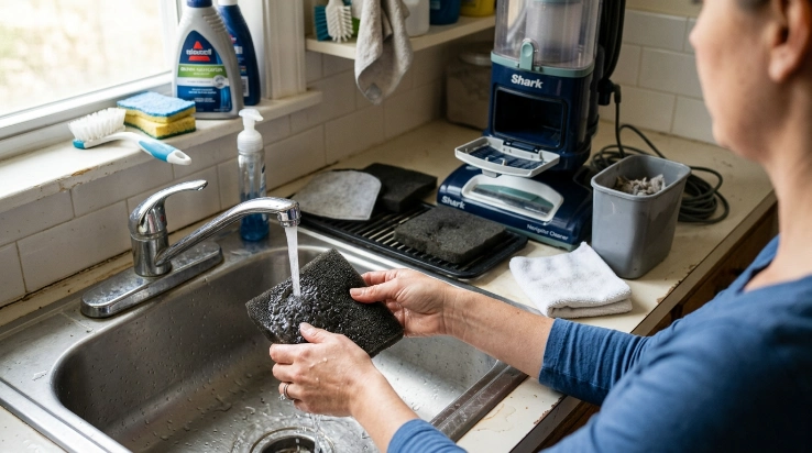 Hands gently rinsing a washable foam vacuum filter before complete air-drying.