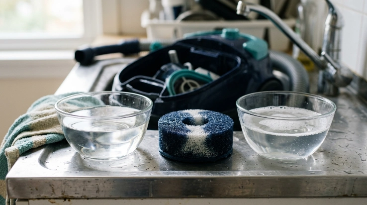 Foam vacuum filter beside plain water and mild suds showing two possible cleaning methods.
