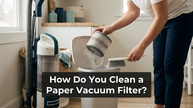 Homeowner gently taps dust from a paper vacuum filter beside an unplugged vacuum.