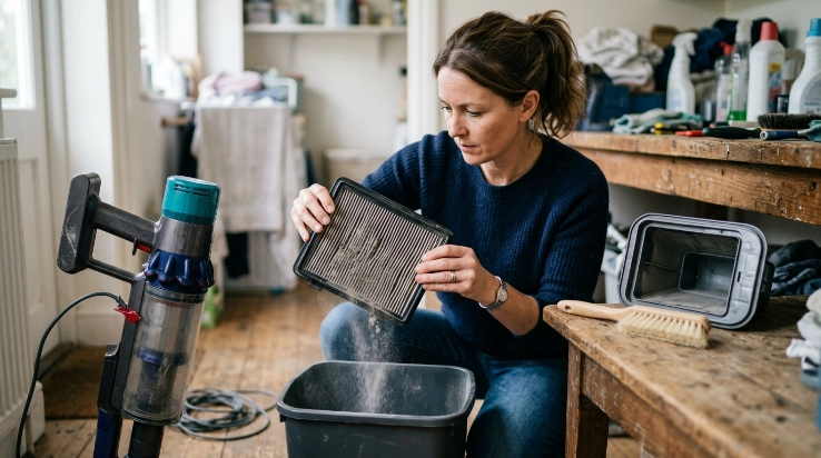 Homeowner gently taps dust from a paper vacuum filter beside an unplugged vacuum.