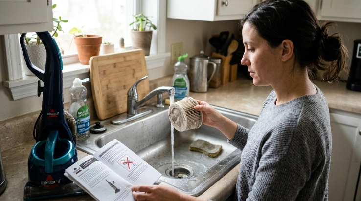 Dry paper vacuum filter held away from running water while the owner checks cleaning instructions.